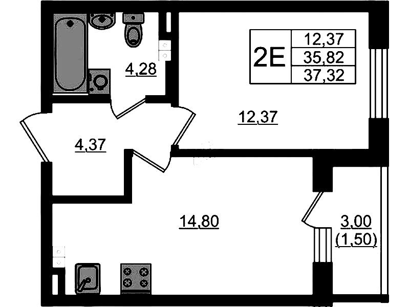 1-комнатная квартира 37.32 м², 3/4 эт., ЖК «Новая история»